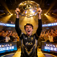 Ana选手在DOTA2国际邀请赛上举起冠军神盾
